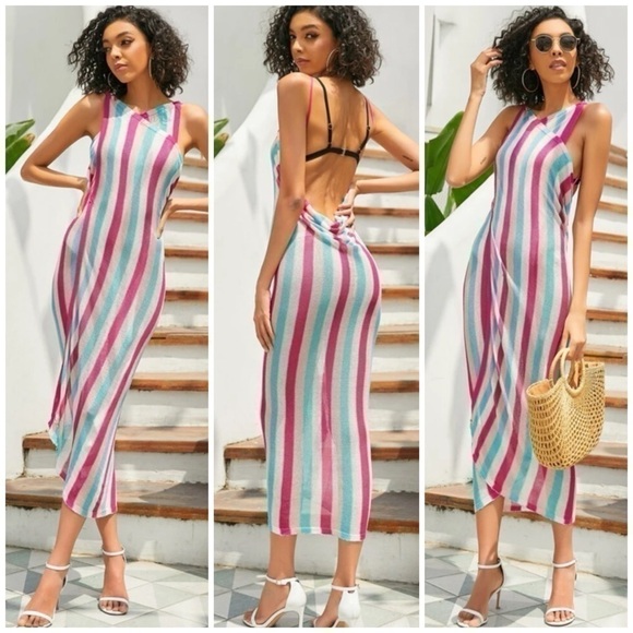 Pink Aqua Multi Color Lightweight Knit Striped Open Back Beach Cover Up One Size - Picture 1 of 6